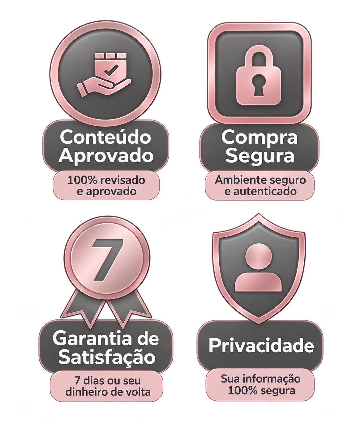 Selos de garantia: conteúdo aprovado, compra segura, garantia de satisfação de 7 dias e privacidade protegida